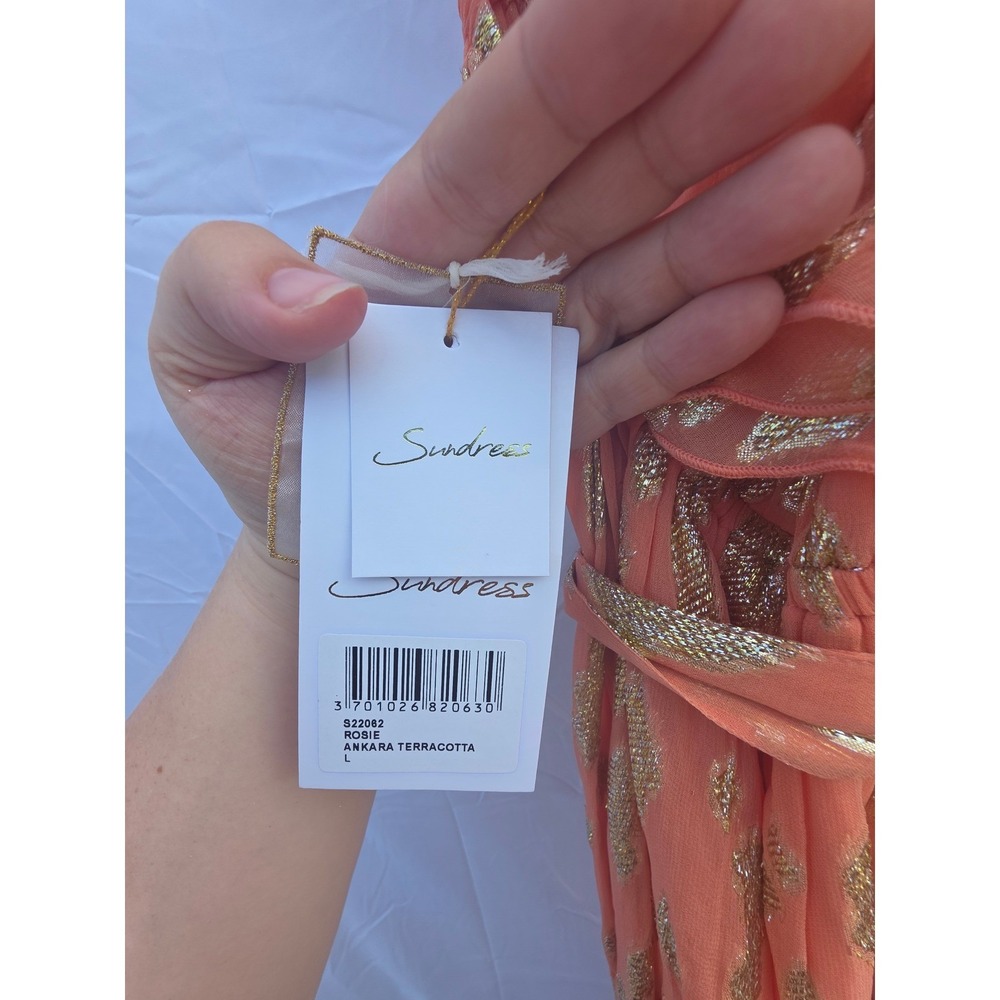 Sundress Orange Gold Metallic Fil Coupe Ruffle Halter Maxi Dress Size Large NWT - Picture 11 of 11